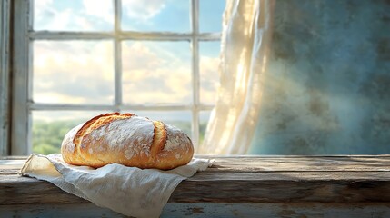 Rustic loaf of bread on windowsill