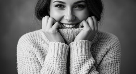 Black and white portrait of a young woman smiling with hands on her cheeks, wearing a textured knitted sweater