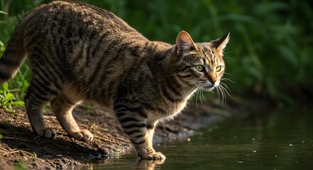 Naklejka premium Striped Cat Drinking From Pond Edge in Natural Habitat