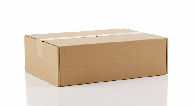 Sealed Cardboard Box: A sturdy, closed cardboard box, secured with tape.  The box is perfect for depicting themes of delivery, shipping, or packaging. It is ready to be sent on its journey. 