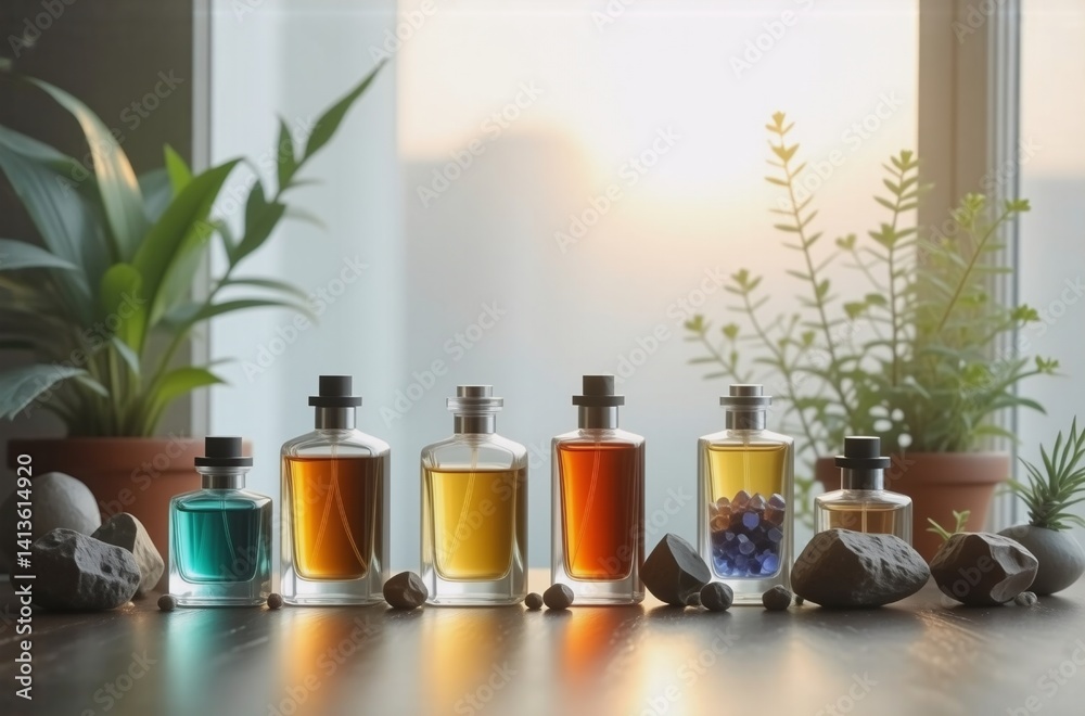 Poster Sunlight streams through a window, illuminating a row of six elegant perfume bottles.  Surrounding them are potted plants and smooth stones, creating a tranquil, natural scene.