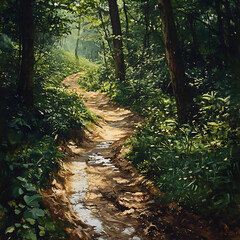 Fototapeta premium Nature's Challenge: Navigating Muddy Trails in Lush Paradise