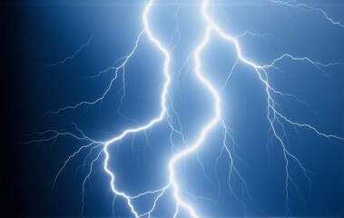 Fototapeta premium A vibrant, white lightning bolt zigzags across a deep blue night sky. Its branches illuminate the darkness with an intense, electric glow.