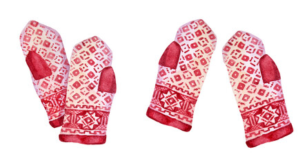 Watercolor set with hand-drawn pair of red mittens isolated on white background. Item of clothes accessory with ornament. Winter clipart for sticker. Wrapping Christmas celebration or wallpaper