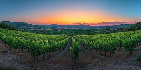 Obraz premium Rows grapevines villages hills background France.