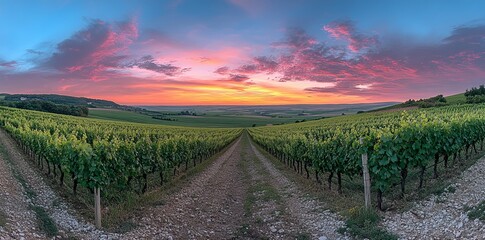 Naklejka premium Sunset Chablis region green vine rows.