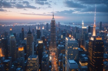 Obraz premium Stunning twilight cityscape, a captivating panorama of skyscrapers and city lights against a dramatic sky. Illuminated buildings stretch to the horizon, creating a mesmerizing urban view.