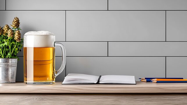 Beer mug with foam, notepad, and pencils, on wooden table with hop plant and tile background