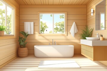Fototapeta premium Modern Bathroom Interior Design with Wooden Paneling and Natural Light for Tranquil Spa Atmosphere
