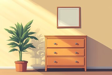 Modern Minimalist Living Room: Wooden Furniture & Indoor Plant Decor with Elegant Chest of Drawers & Natural Light