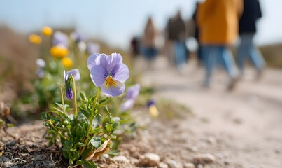 A real pansy flower in a natural environment, with people walking in the background, Generative AI
