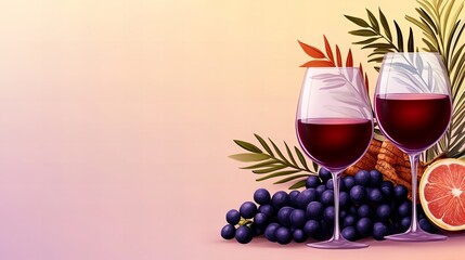 Two wine glasses stand filled with red wine alongside grapes, grapefruit, and tropical foliage against a light background.