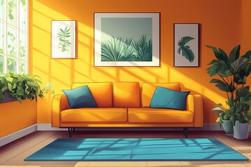 Fototapeta premium Modern Living Room Interior Design: Cozy Space with Natural Light, Plants, and Artful Decor