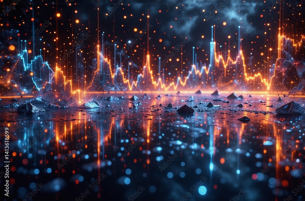 Aufkleber glowing, abstract data visualization; lines form a graph against a dark, starry backdrop, reflected 
