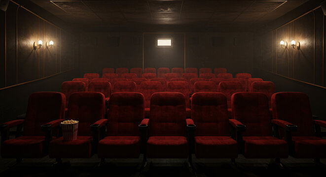 Cinema and conference hall with rows of red chairs and empty seats for events and presentations