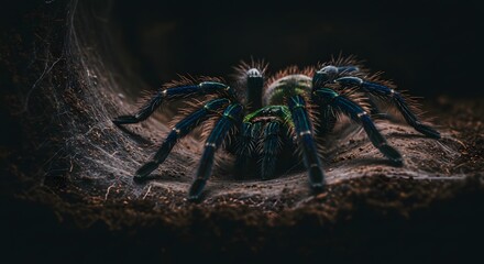 Tarantula Spider Close-up on Webbed Surface with Moody Lighting