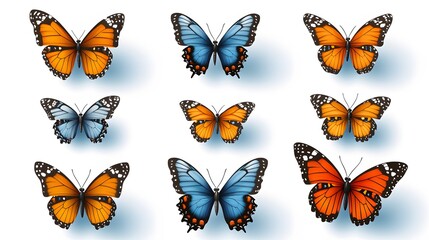 Nine Realistic Butterflies Collection Orange Blue Insects Wings