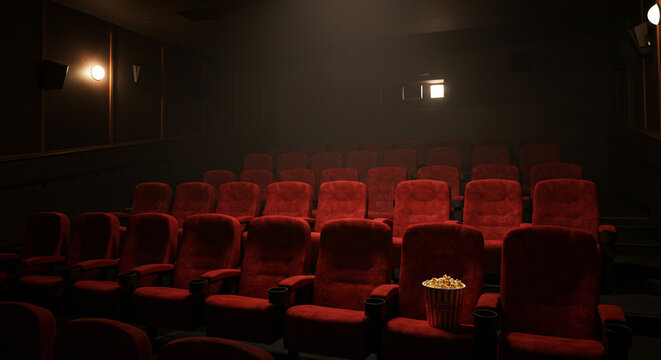 Empty Theater Scene: A captivating view of an empty theater, with rows of plush red seats bathed in soft lighting, a bucket of popcorn sits ready for an unseen audience.
