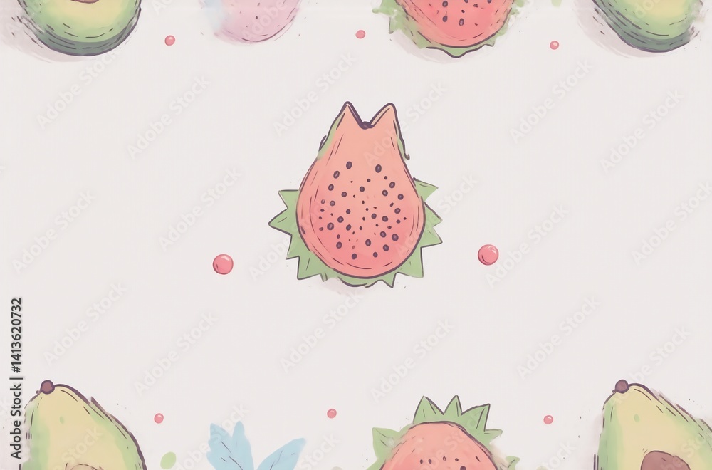 Poster cute avocado and fruit avatar design. a pink fruit resembling a cat sits between rows of avocados an