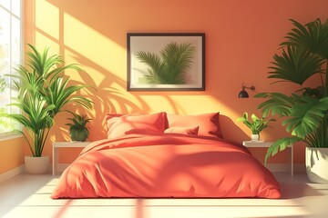 Cozy Minimalist Bedroom with Orange Walls and Potted Plants, Featuring Modern Furniture and Natural Light.