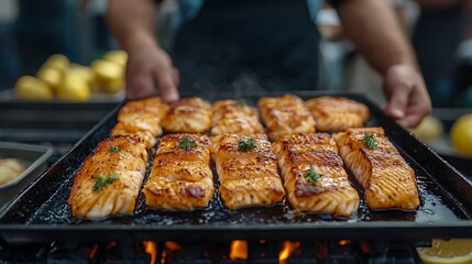 Naklejka premium Chef grilling seasoned fish filets on open grill with fire below. Golden char marks and sizzling oil highlight fresh seafood tradition. Celebrating Friday Fish Fry Day