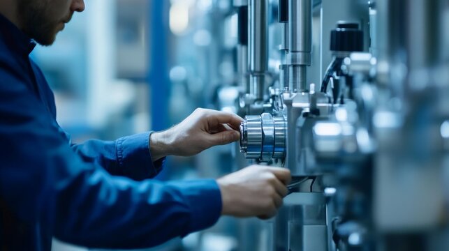 Technician calibrating industrial machinery in a factory. Featuring machine maintenance and industrial processes