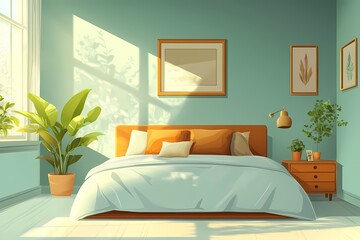 Modern Bedroom Interior Design with Blue Walls, Houseplants, and Natural Light for a Tranquil and Inviting Space