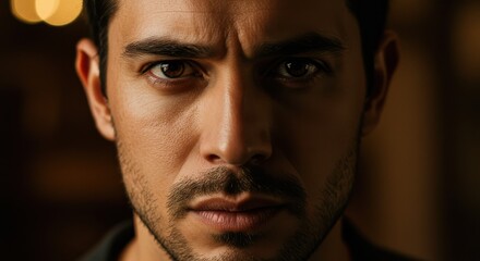 Obraz premium Close-up portrait of a man with short dark hair and a beard in dim lighting