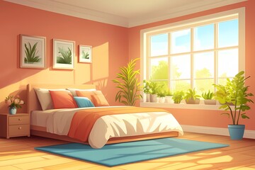 Fototapeta premium Charming Modern Bedroom Interior Design with Cozy Plants and Vibrant Orange Walls in Natural Daylight