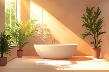Fototapeta premium Luxurious Modern Bathroom with Minimalist Decor, Indoor Greenery, and Natural Light for a Calming Bathing Experience