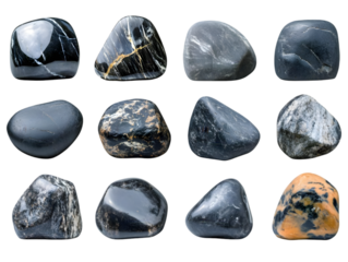 Black Polished Stones Collection Photo on Transparent Background