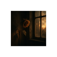 枯れかけた向日葵と夕暮れの廃墟 – 静けさに包まれた背景素材