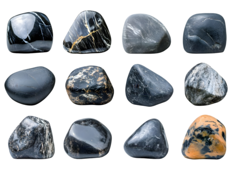 Black Polished Stones Collection Photo on Transparent Background