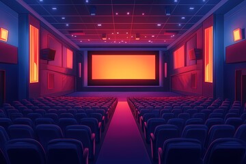 Modern Theater Design: Vibrant Colorful Cinema with Neon Lights and Comfortable Seating - Ideal Entertainment Venue for a Unique Cinematic Experience