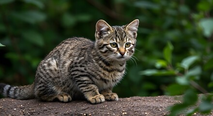 Cute Striped Kitten Sitting Outdoors Near Green Foliage