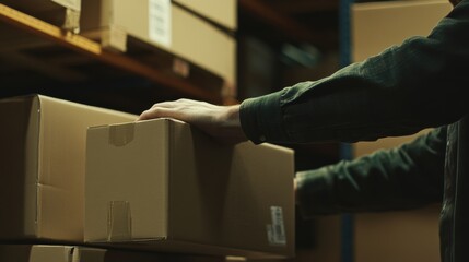 Warehouse worker stacking boxes in a storage facility. Featuring logistics work and inventory management