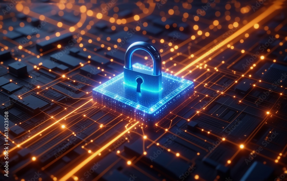 Aufkleber A glowing blue padlock rests on a circuit board, symbolizing digital security and data protection within a complex network.  Bright orange pathways illuminate the intricate technological landscape.