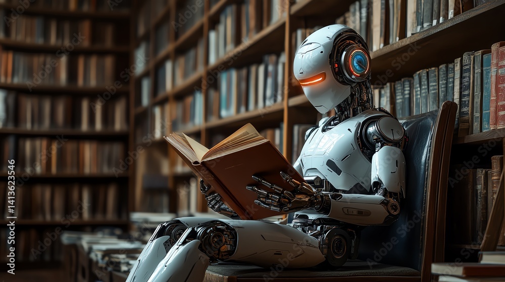 Aufkleber A robot with advanced AI sitting in a library, reading a book, symbolizing the fusion of artificial intelligence, machine learning, and technological progress