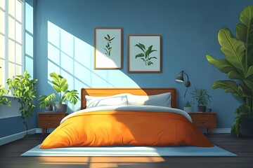 Modern Bedroom Interior Decor: Blue Walls, Natural Light, and Stylish Orange Bedding with Green Plants