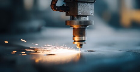 Close-Up of an Industrial Machine in Motion Creating Sparks During a Metal Cutting Process