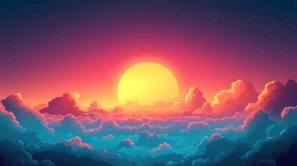 Fototapeta premium Enchanting Sunset with Vibrant Clouds: A Colorful, Tranquil Landscape in Glowing Digital Art