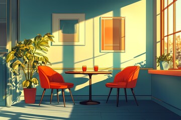 Modern Cozy Interior with Bright Warm Tones and Nature-Inspired Decor Featuring Indoor Plants and Elegant Furniture