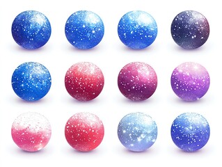 Twelve festive snow globes in blue, pink, and purple shades feature sparkling glitter and snowy textures Perfect for winter holiday greeting cards and decorations