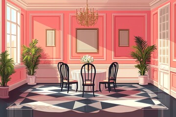 Sophisticated Modern Interior Design: Elegant Dining Room with Pink Walls and Geometric Decor, Featuring Cozy Vintage Furniture and Ornate Chandelier for a Relaxing Ambiance