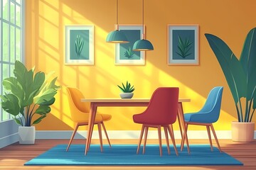 Modern Living Room Interior Design with Bright Colors and Stylish Furniture: Inviting Dining Area with Greenery and Natural Light