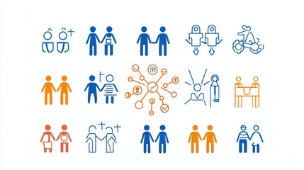 A diverse group of people in various relationship icons representing social interaction