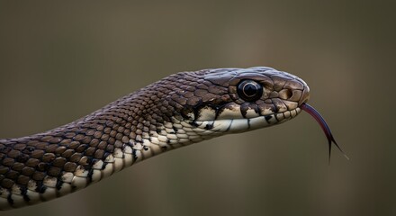 Obraz premium Snake Head Close-up Sticking Out Tongue Showing Scaly Skin
