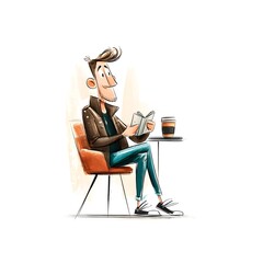 Fototapeta premium A happy man sits in a cafe chair reading a book while enjoying a coffee in a relaxed and comfortable setting.