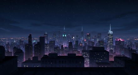 Pixel Art Night City Skyline with Glowing Lights and Stars