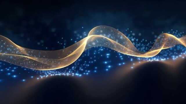 Golden Wave Abstract: A mesmerizing abstract image featuring a golden wave flowing gracefully against a dark blue background, interspersed with sparkling blue particles, evoking feelings of elegance.